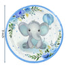 A light blue and white disposable plate featuring a cartoon elephant surrounded by green leaves and blue flowers.