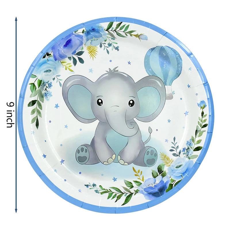 A light blue and white disposable plate featuring a cartoon elephant surrounded by green leaves and blue flowers.