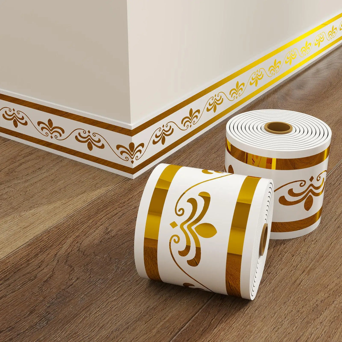 Rolls of white and gold self-adhesive PVC skirting board trim for interior finishing