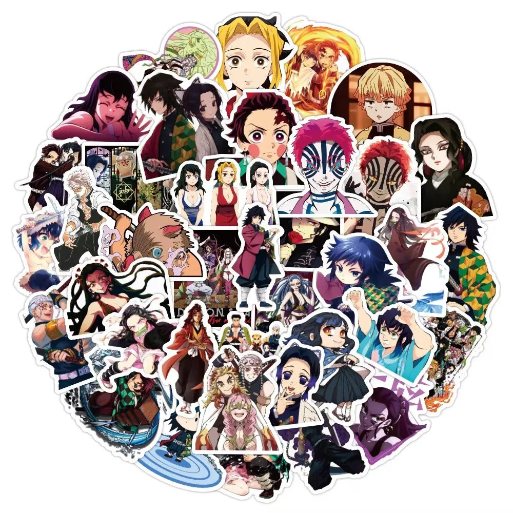 A collection of anime demon slayer vinyl stickers featuring various characters and scenes.