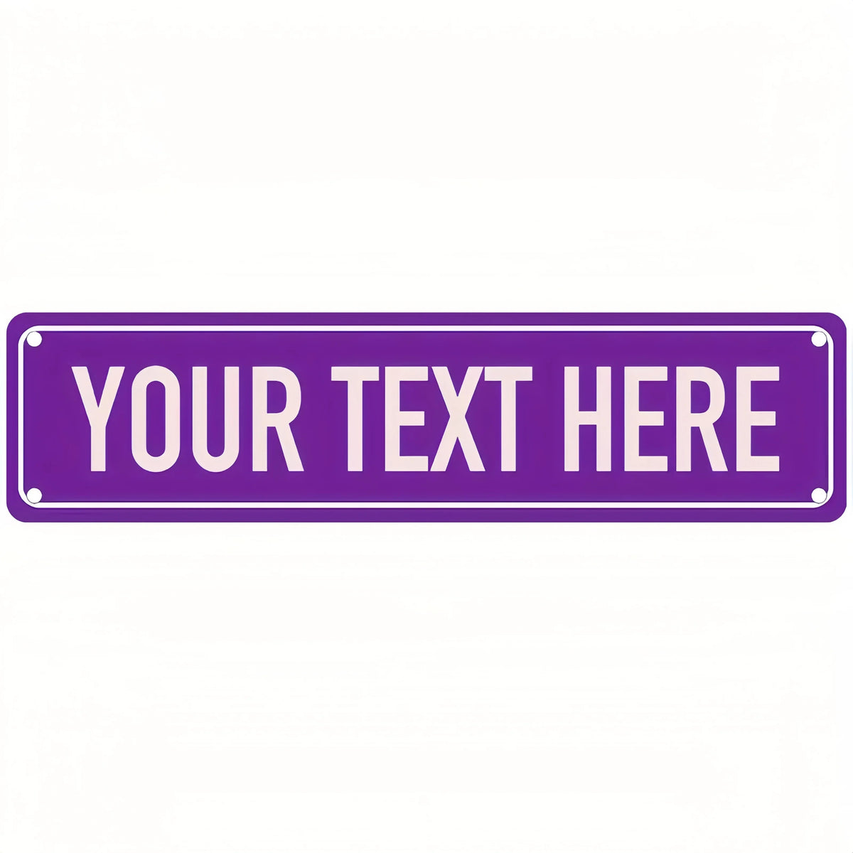 A purple rectangular sign with white text that reads YOUR TEXT HERE.