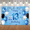 A blue party backdrop banner featuring balloons, stars, and the number 13 for a birthday celebration.