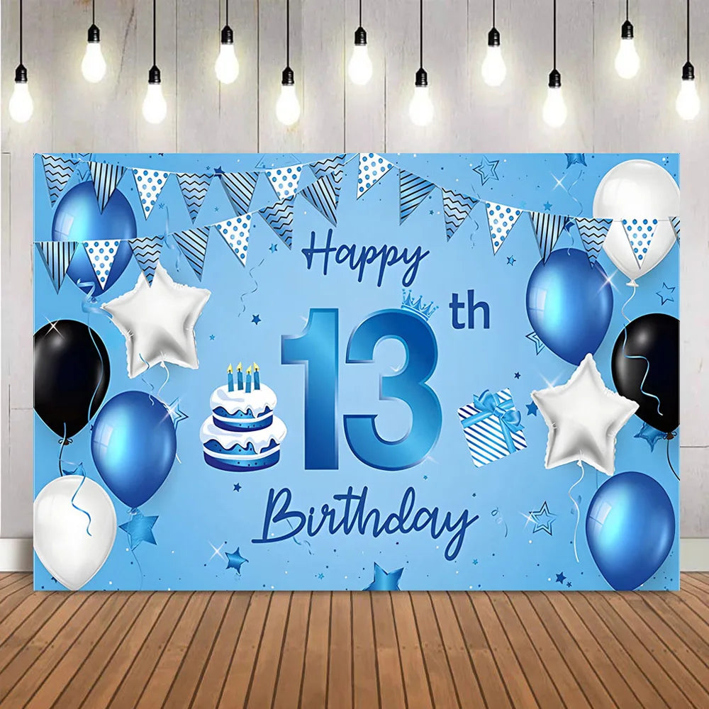 A blue party backdrop banner featuring balloons, stars, and the number 13 for a birthday celebration.
