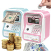 Piggy bank ATM rose with facial recognition and stacks of gold coins.