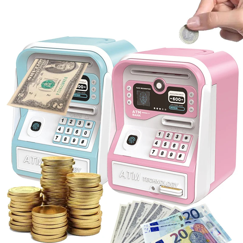 Piggy bank ATM rose with facial recognition and stacks of gold coins.