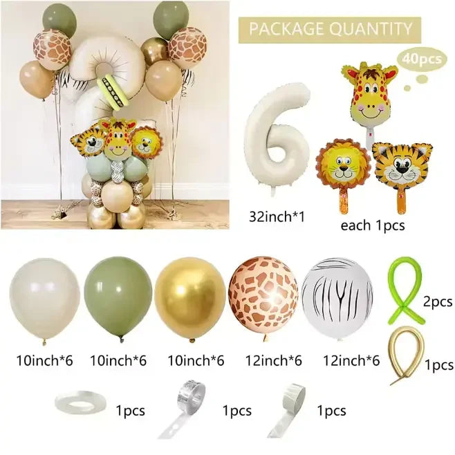 Jungle animal balloon party set featuring a large number balloon and various animal-themed balloons