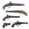 A collection of four antique-style pirate pistol props with detailed metalwork and dark finish.
