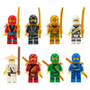 A collection of golden ninja building block figures in various colors and styles.