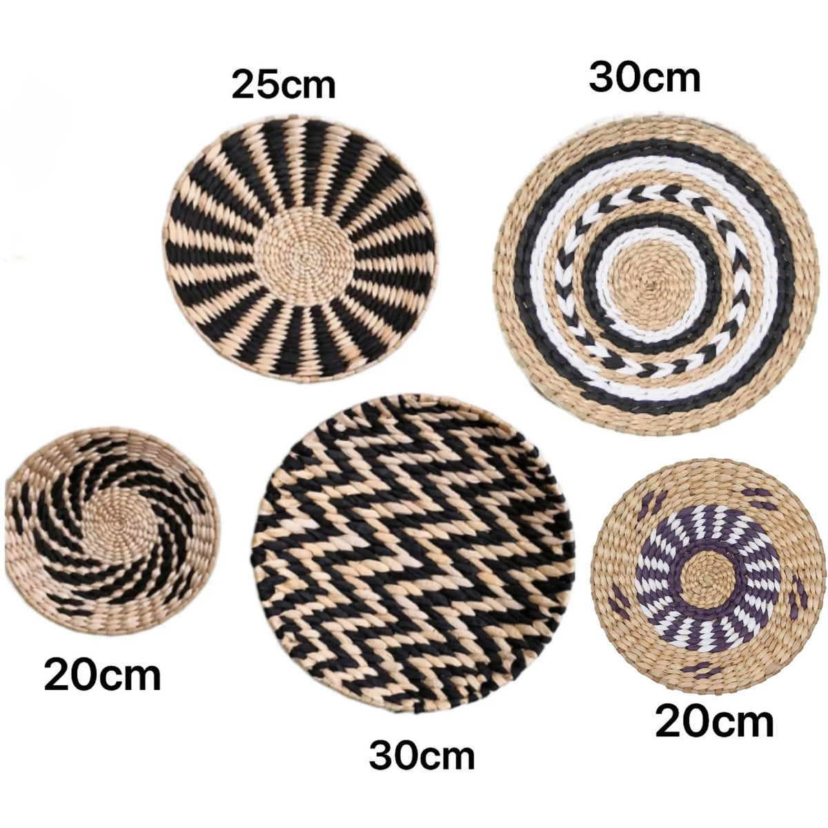 A collection of woven straw round wall hangings in various sizes and patterns.