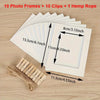 A set of 10 photo frames, 10 clips, and one hemp rope displayed on a wooden surface.