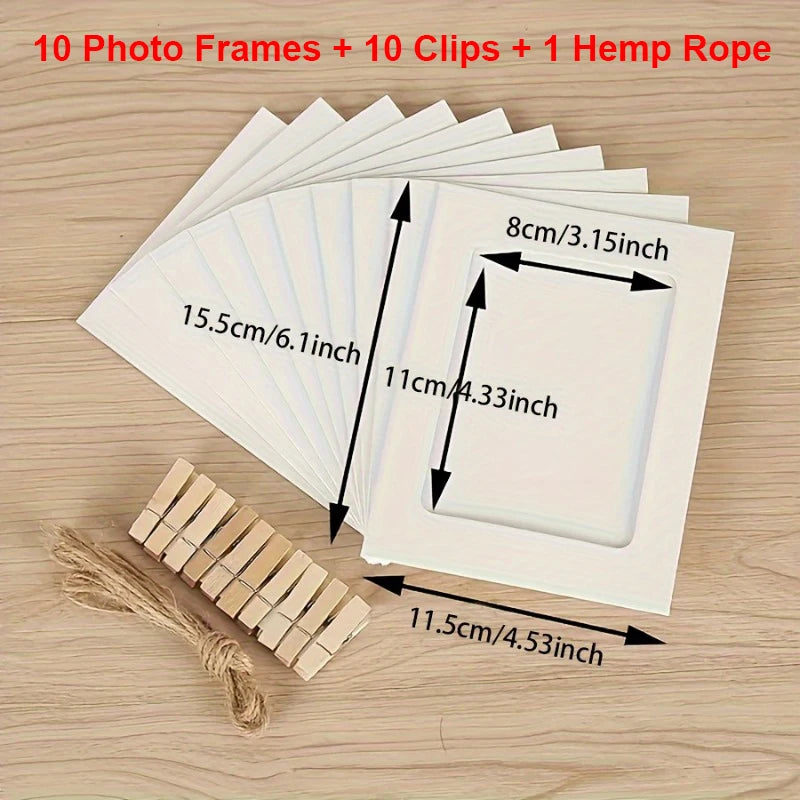 A set of 10 photo frames, 10 clips, and one hemp rope displayed on a wooden surface.