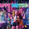 A vibrant digital illustration featuring four stylized female characters in fantasy attire against a sparkling birthday backd
