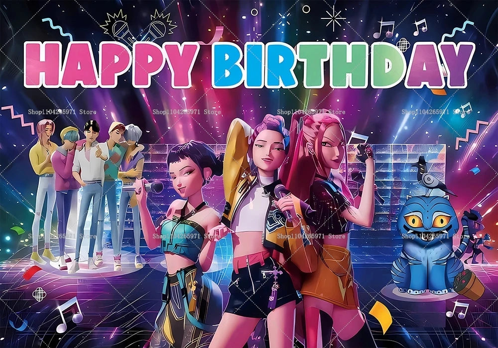 A vibrant digital illustration featuring four stylized female characters in fantasy attire against a sparkling birthday backd