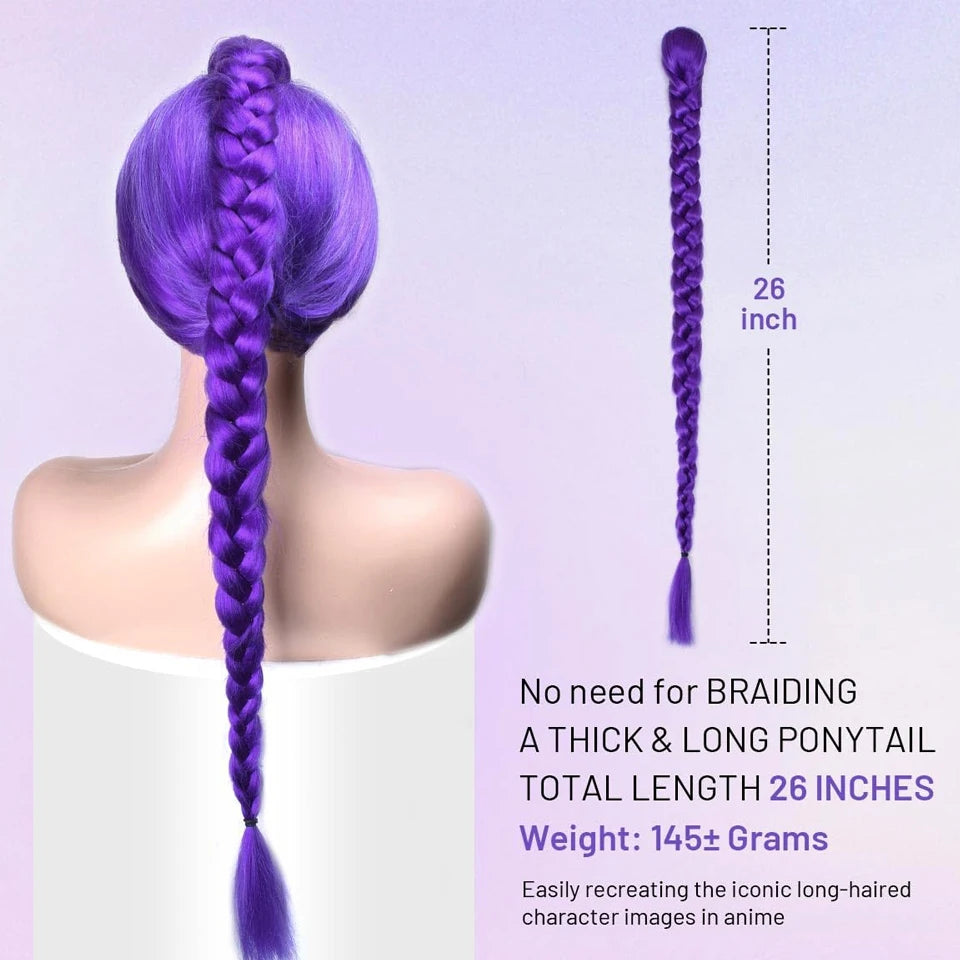 A thick purple braided ponytail hairpiece with a 26 inch length shown against a light background.