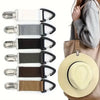 A set of five metal clips designed to secure a portable straw hat for outdoor travel.