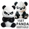 A white and black panda figurine with an angry expression sitting down.