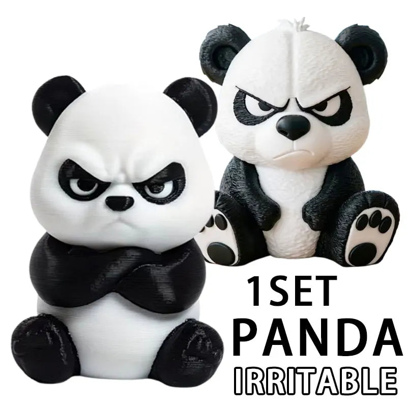 A white and black panda figurine with an angry expression sitting down.