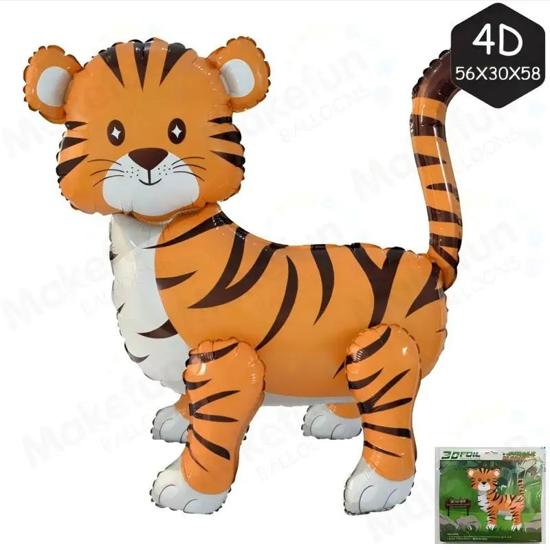 An orange and white tiger figurine used for jungle safari birthday decor.