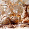 Une peinture de nature morte avec du pain rustique, des tiges de blé séché et des récipients en verre ambré sur une surface e