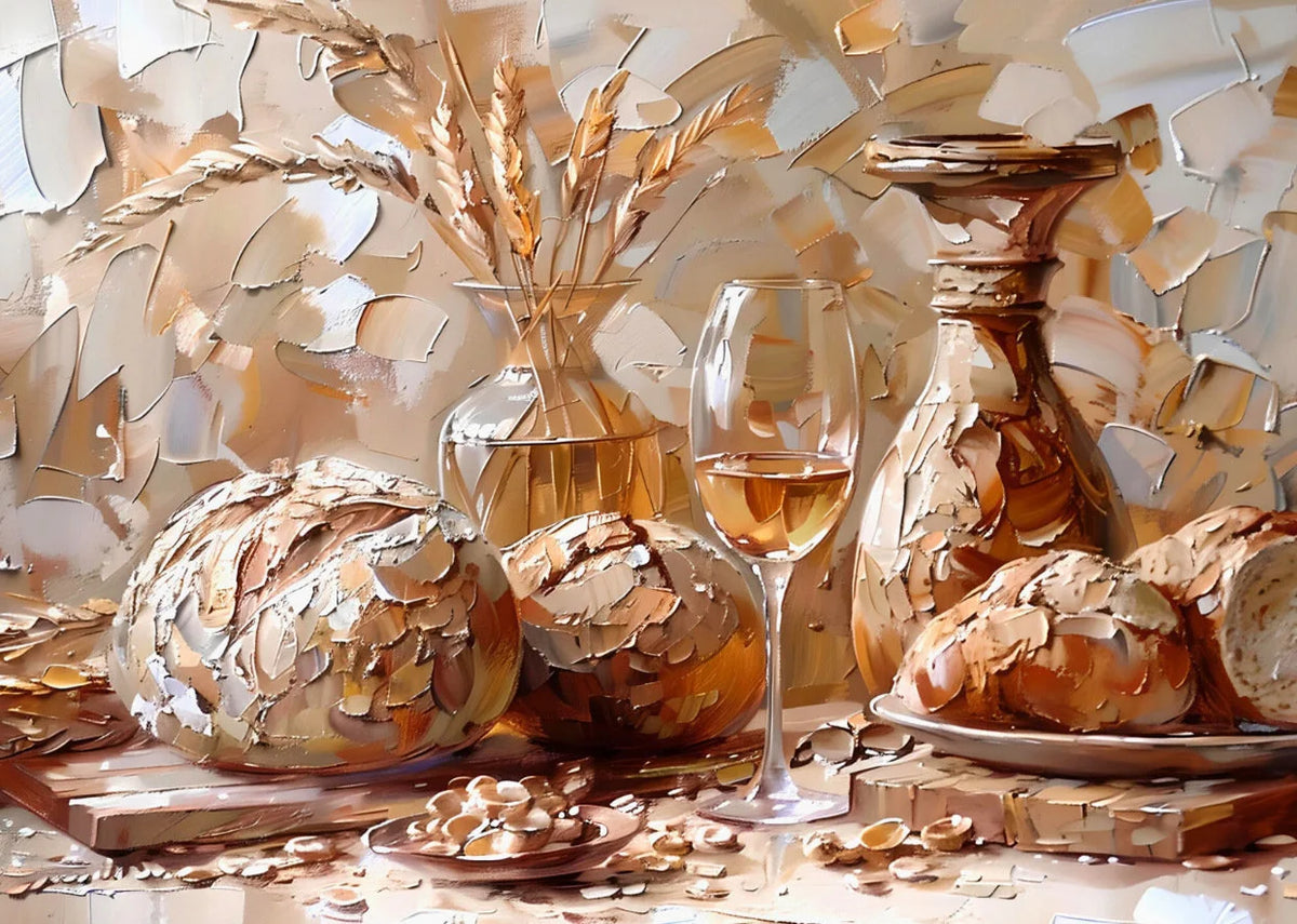 Une peinture de nature morte avec du pain rustique, des tiges de blé séché et des récipients en verre ambré sur une surface e