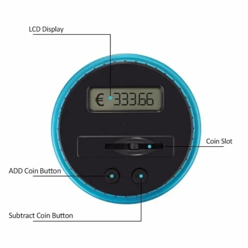 A digital coin counting piggy bank showing an LCD display, coin slot, and add/subtract buttons.