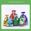 A set of five festive drawstring Christmas gift bags featuring Santa and snowman designs in red, gold, green, and blue.