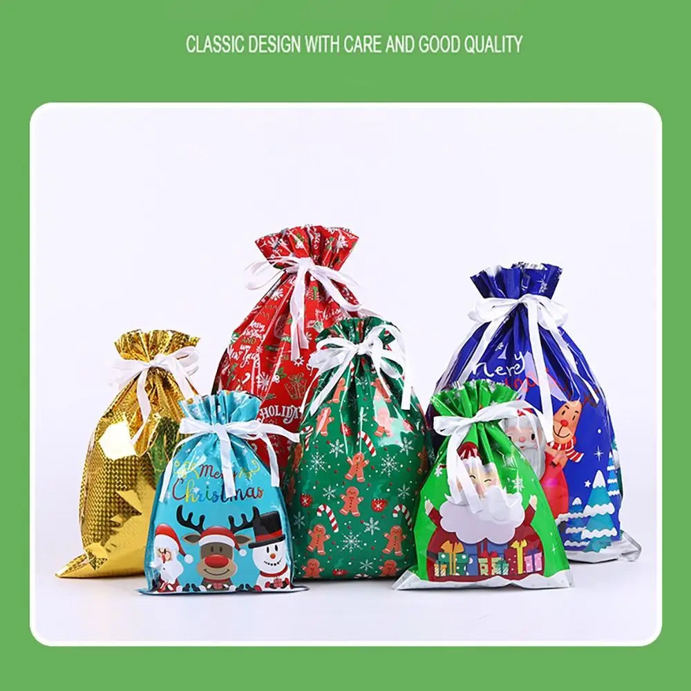 A set of five festive drawstring Christmas gift bags featuring Santa and snowman designs in red, gold, green, and blue.