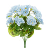 A bouquet of light blue silk begonia artificial flowers with green leaves.