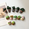 A set of seven small potted cactus succulents with various green and pink colors used as desktop or kitchen decor.