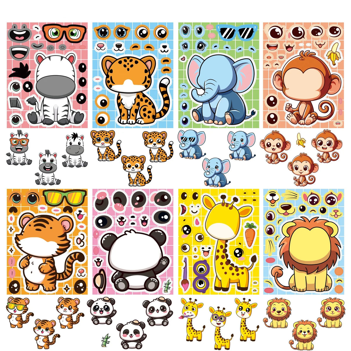 A collection of cartoon animal puzzle stickers featuring various animals like tigers, elephants, and monkeys.