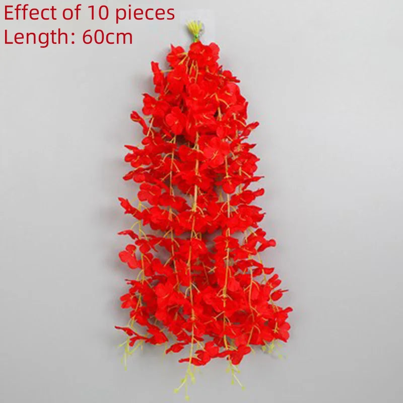 A vertical arrangement of 10 red artificial wisteria flower pieces, measuring 60cm in length.