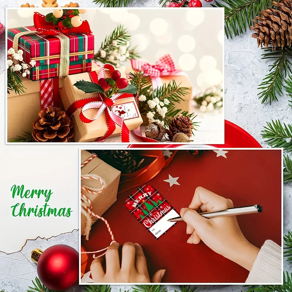 A festive arrangement of wrapped Christmas gifts, pine cones, and holiday decorations with a hand writing 'Merry Christmas' o