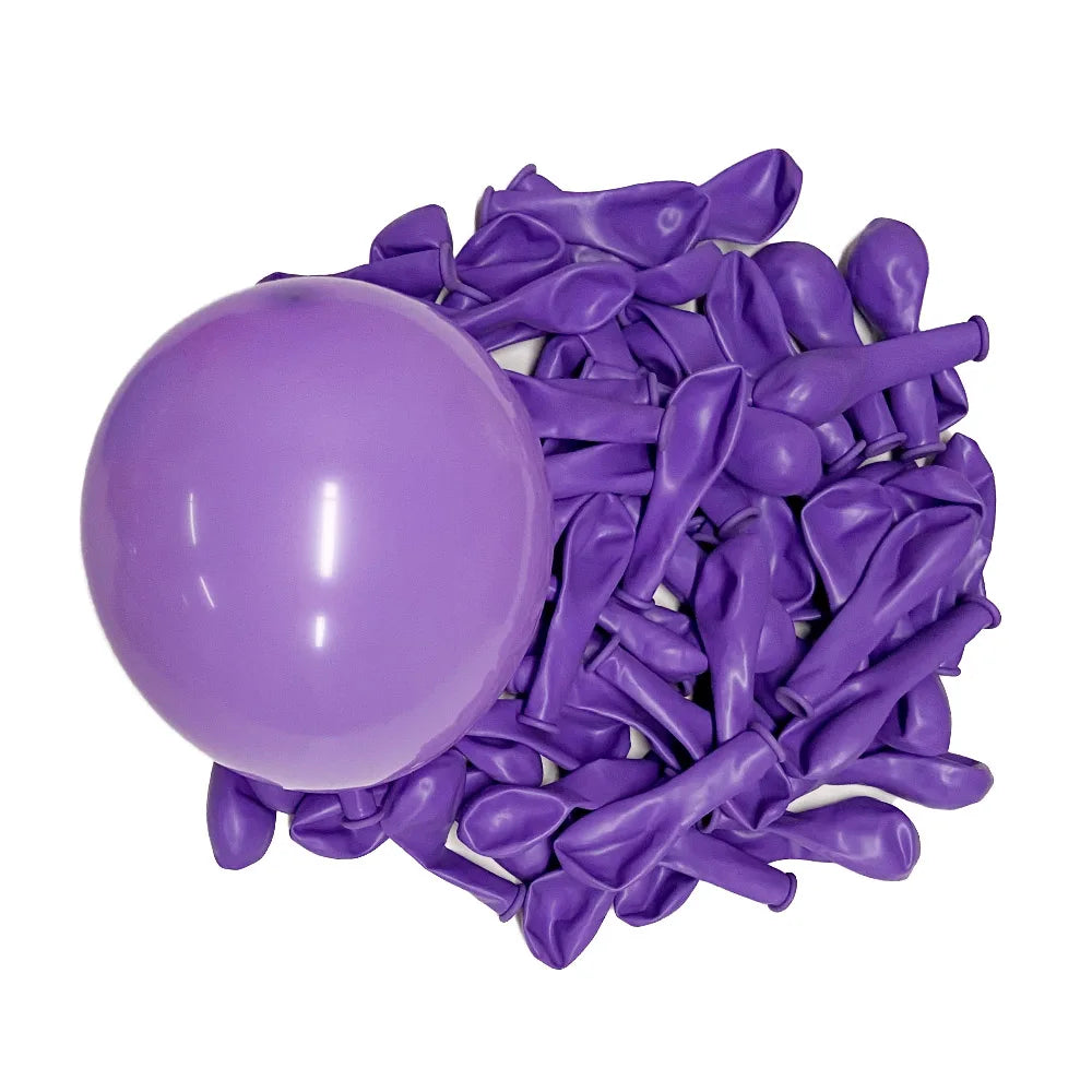 A pile of vibrant purple latex balloons for parties and celebrations.