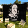 A large black banner featuring a white line drawing of Benjamin Franklin with the text Tax this dick.