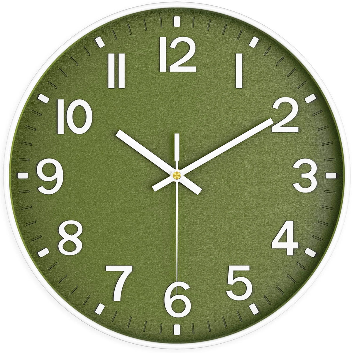 A round, olive green wall clock face with white Roman numerals and hands showing approximately 1:30.