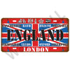 A vintage metal tin sign featuring various English cities and landmarks on a red background.
