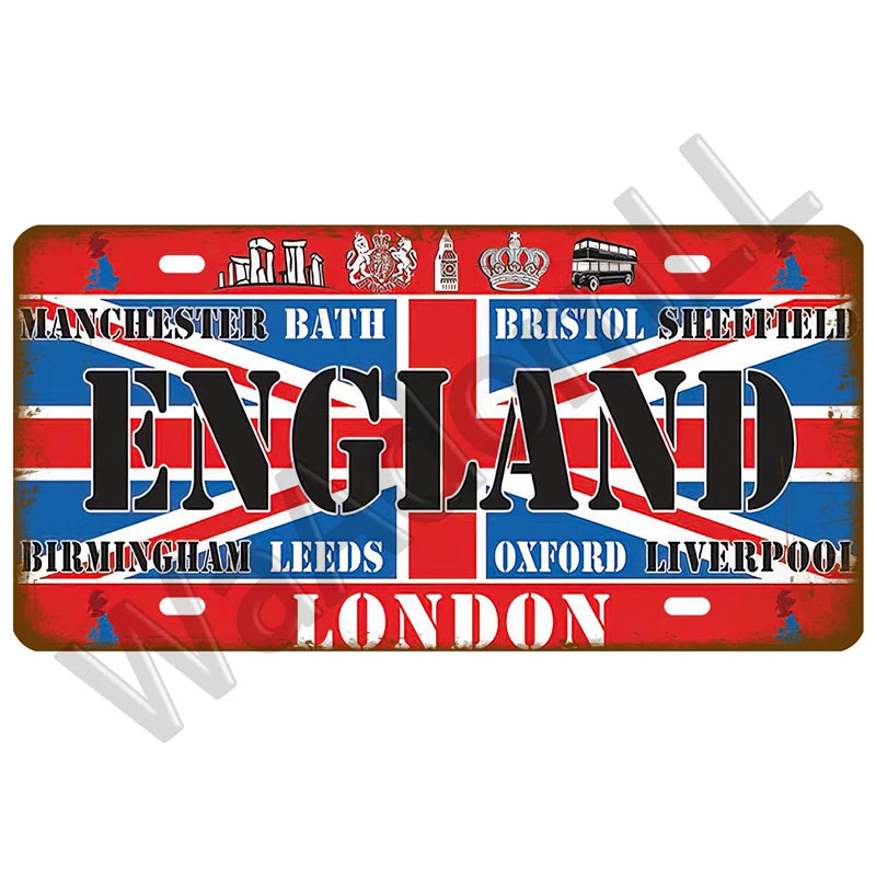 A vintage metal tin sign featuring various English cities and landmarks on a red background.