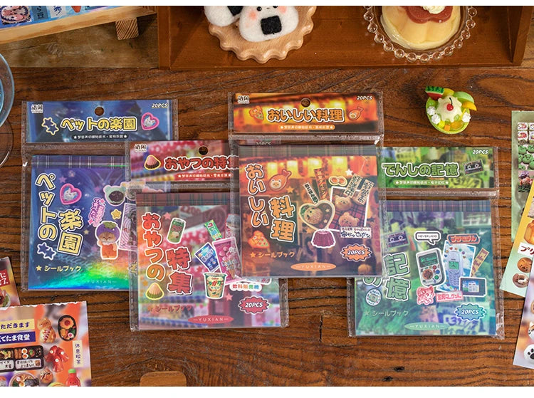 A collection of retro cartoon PET die cut stickers in various designs and colors displayed on a wooden surface.