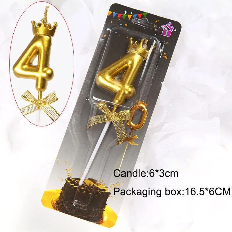 A gold 3D crown number cake candle for birthdays and celebrations, shown next to its packaging box.