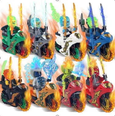 A collection of golden ninja building block figures in various colors and poses.