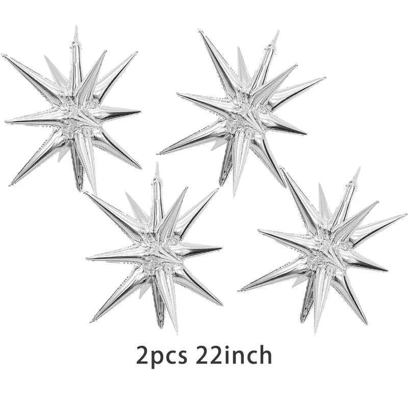 Two metallic silver star-shaped balloons, 22 inches each.