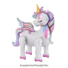A white unicorn plush toy with pink and purple mane and horn, suitable for a birthday party.