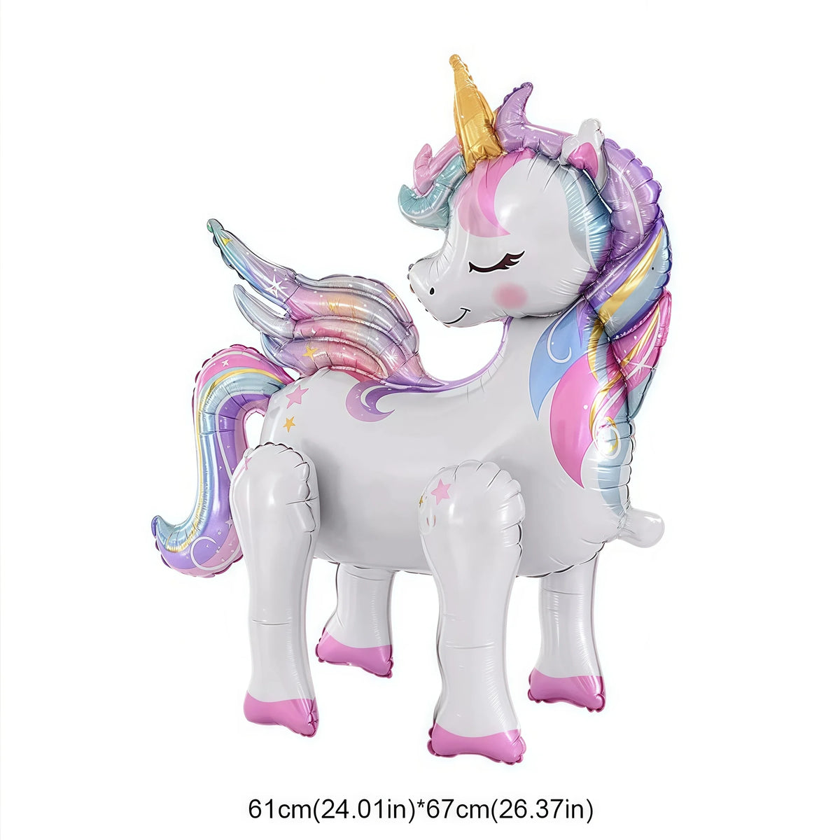A white unicorn plush toy with pink and purple mane and horn, suitable for a birthday party.