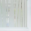 Frosted glass window privacy film with vertical, translucent strips on a white frame.
