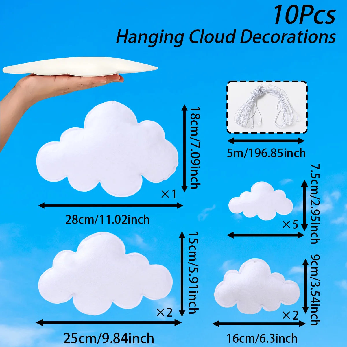 Ten white cloud felt decorations are shown, including large and small shapes, with a hand holding one.