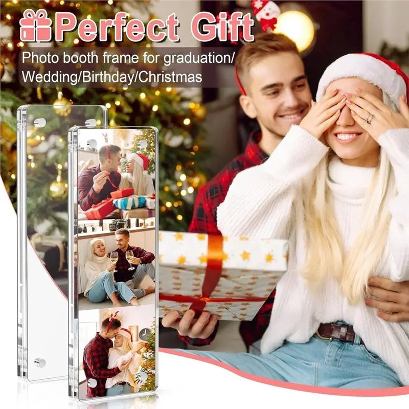 A set of clear acrylic photo booth frames showing graduation, wedding, and Christmas themes.