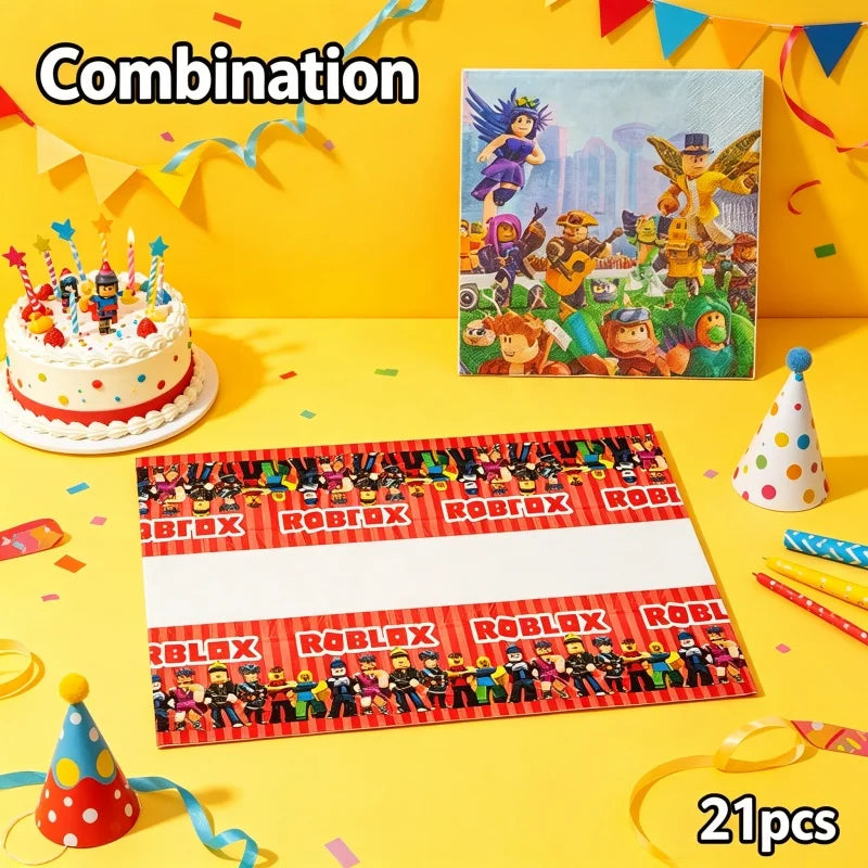 A set of 21 disposable robot themed party supplies including a cake and a box of small plastic figures