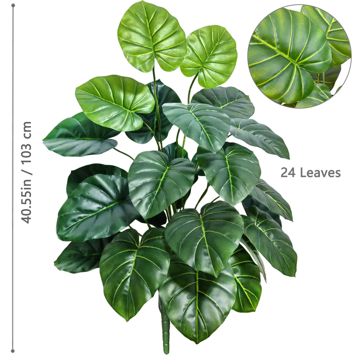 A lush artificial Monstera plant with large green silk leaves shown in a full view and close-up.