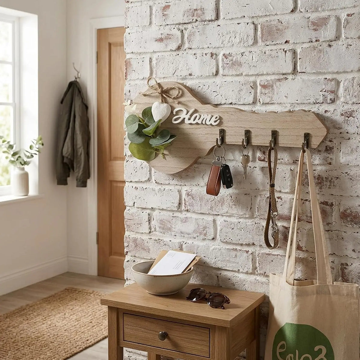 Rustic wooden key holder with a heart accent and four hooks mounted on a white brick wall.