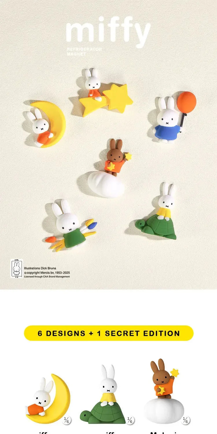 A set of six Miffy and friends character magnets in various colors and shapes.